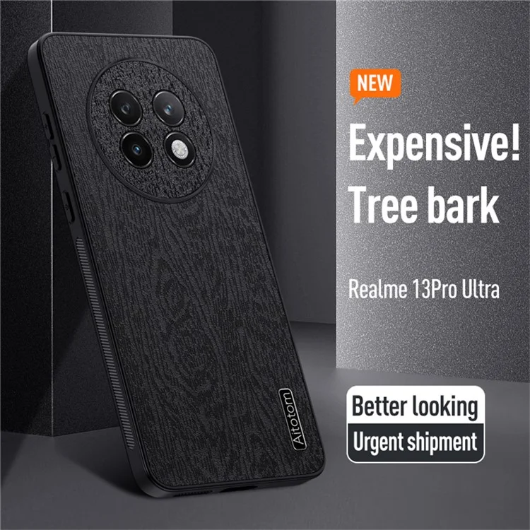 For Realme 13 Pro Ultra 5G Case Wood Texture PU Leather Coated PC+TPU Phone Cover - Brown