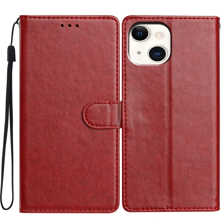 For iPhone 15 Leather Phone Case Wallet Stand Cover with Handy Strap - Red