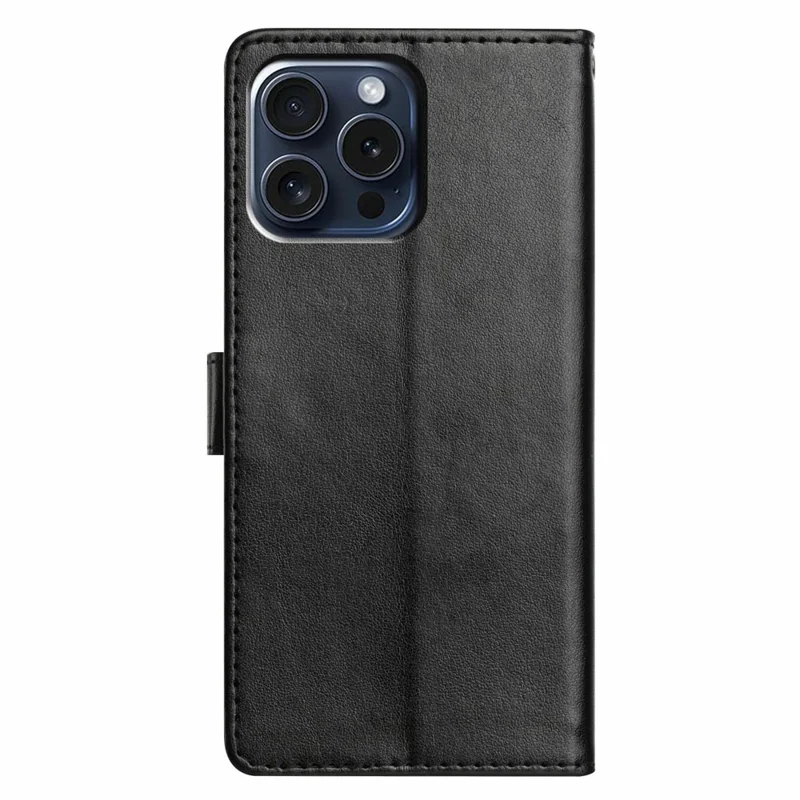 Leer telefoonhoesje met portemonnee- en standaardfunctie en handige riem voor iPhone 15 Pro Max - Zwart