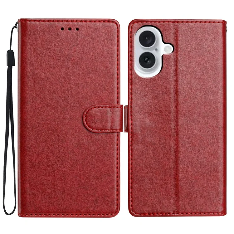For iPhone 16 Plus Leather Phone Case Wallet Stand Cover with Handy Strap - Red