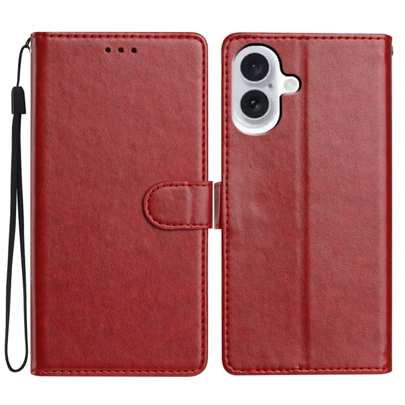 For iPhone 16 Leather Phone Case Wallet Stand Cover with Handy Strap - Red