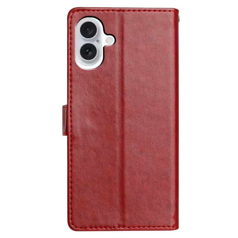For iPhone 16 Leather Phone Case Wallet Stand Cover with Handy Strap - Red