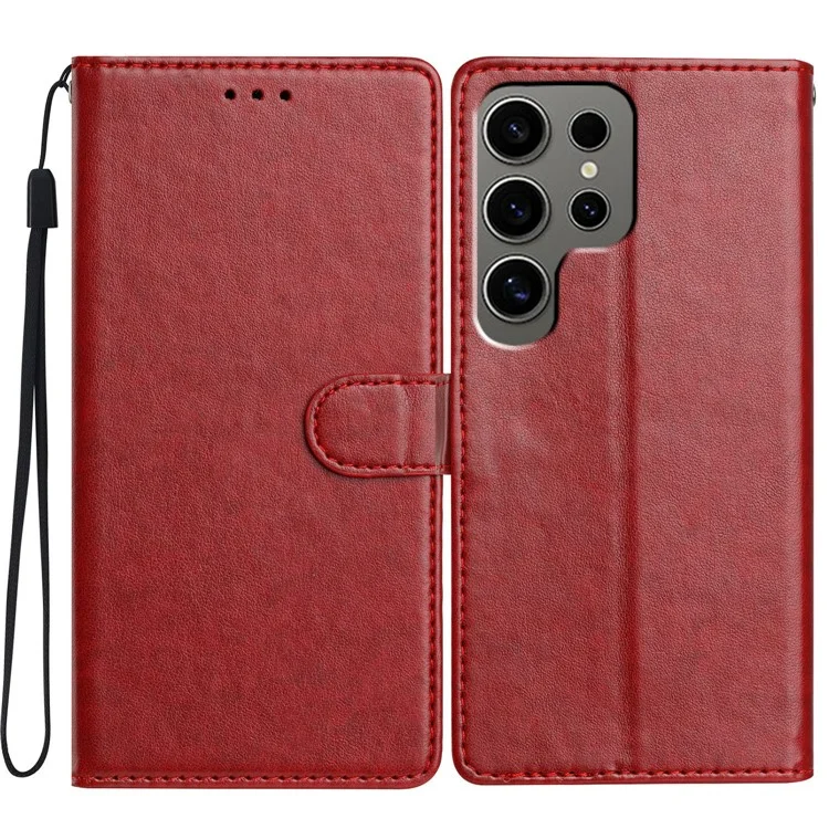 For Samsung Galaxy S24 Ultra Leather Phone Case Wallet Stand Cover with Handy Strap - Red