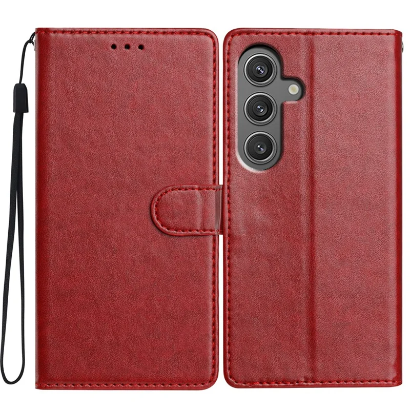 For Samsung Galaxy S24 Leather Phone Case Wallet Stand Cover with Handy Strap - Red