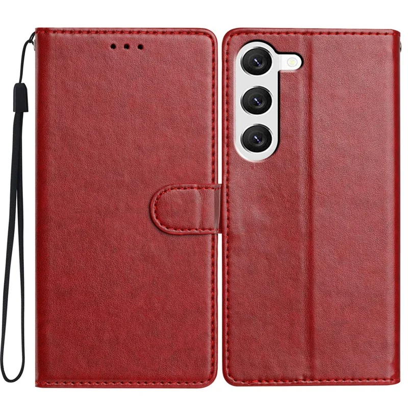 For Samsung Galaxy S23 Leather Phone Case Wallet Stand Cover with Handy Strap - Red