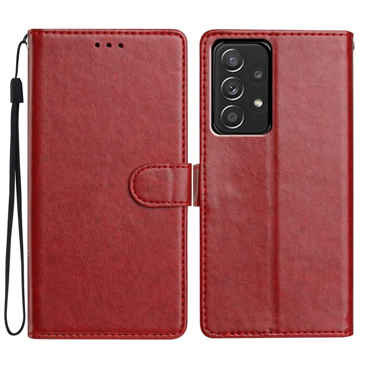 For Samsung Galaxy A73 5G Leather Phone Case Wallet Stand Cover with Handy Strap - Red