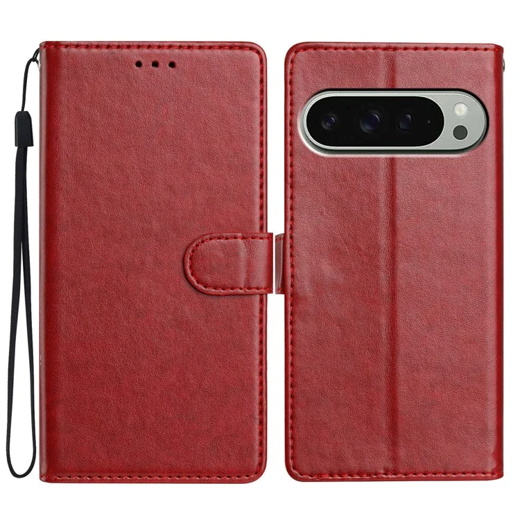 Para Google Pixel 9 Pro / Píxel 9 Case de Cuero Tapa de la Billetera Con Correa de Práctica - Rojo