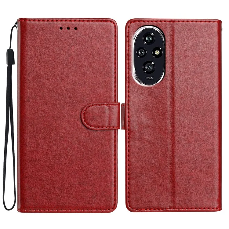 For Honor 200 5G Leather Phone Case Wallet Stand Cover with Handy Strap - Red