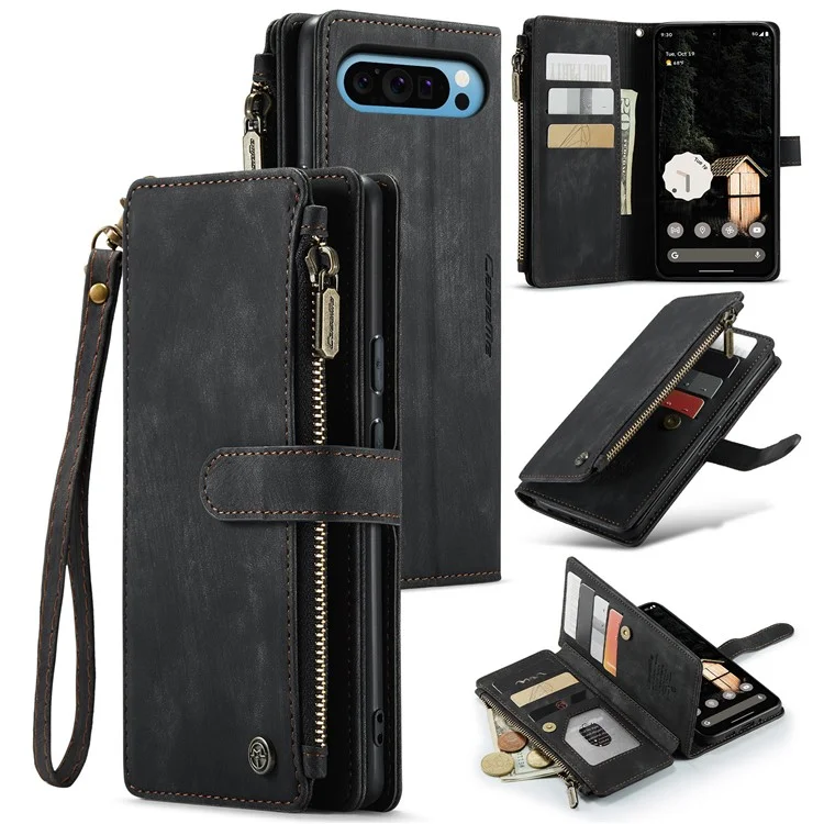CASEME C30 Серия для Google Pixel 9 Pro XL Чехол Кожаный Чехол для телефона с 10 держателями для карт и Карманом на молнии - Черный