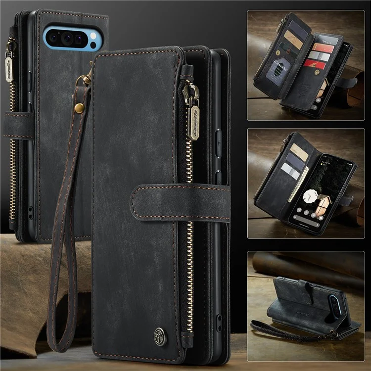 CASEME C30 Серия для Google Pixel 9 Pro XL Чехол Кожаный Чехол для телефона с 10 держателями для карт и Карманом на молнии - Черный