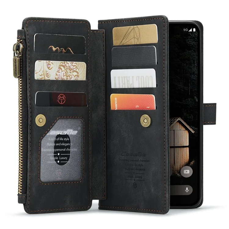 CASEME C30 Серия для Google Pixel 9 Pro XL Чехол Кожаный Чехол для телефона с 10 держателями для карт и Карманом на молнии - Черный
