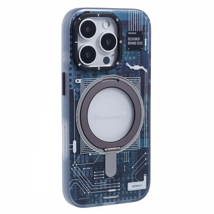 YOUNGKIT Technology Series for iPhone 16 Pro Max Case Magnetic Kickstand IMD PC+TPU Phone Cover - Grey