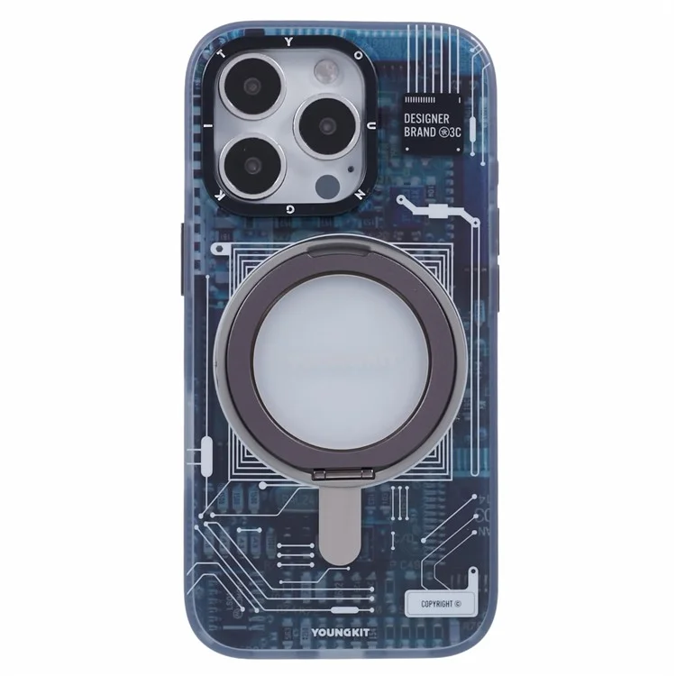 YOUNGKIT Technology Series for iPhone 16 Pro Max Case Magnetic Kickstand IMD PC+TPU Phone Cover - Grey