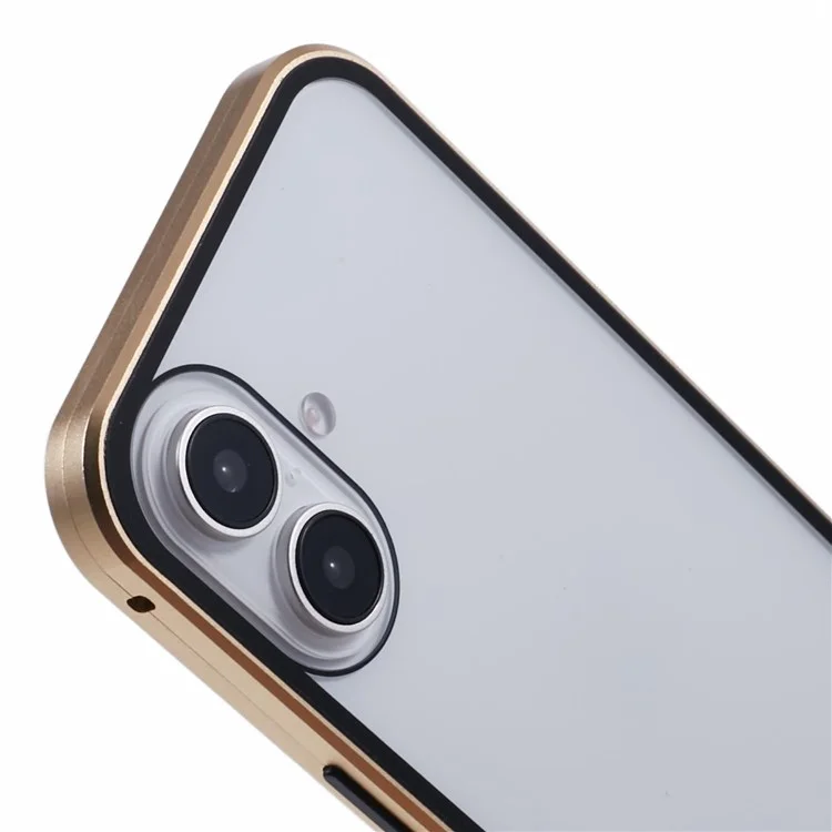 For iPhone 16 Anti-Spy Case Magnetic Metal Frame + Double-Sided Tempered Glass Phone Cover - Gold