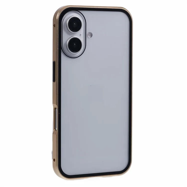 For iPhone 16 Anti-Spy Case Magnetic Metal Frame + Double-Sided Tempered Glass Phone Cover - Gold