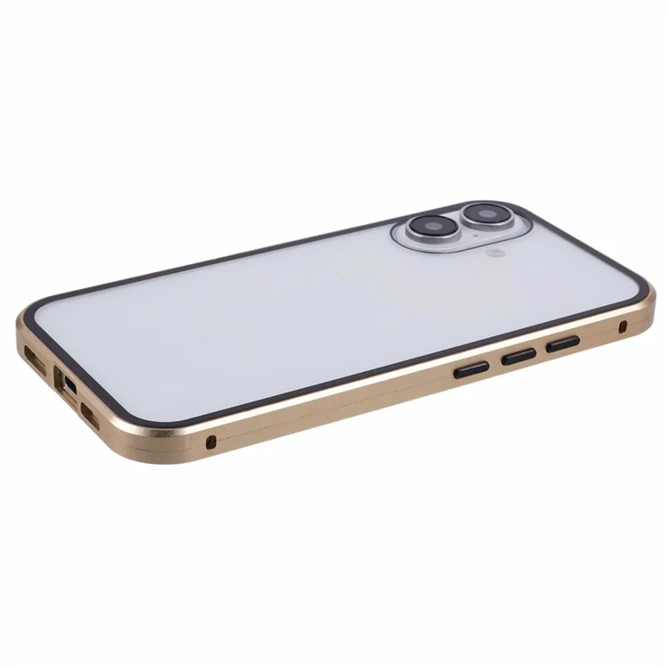 For iPhone 16 Anti-Spy Case Magnetic Metal Frame + Double-Sided Tempered Glass Phone Cover - Gold