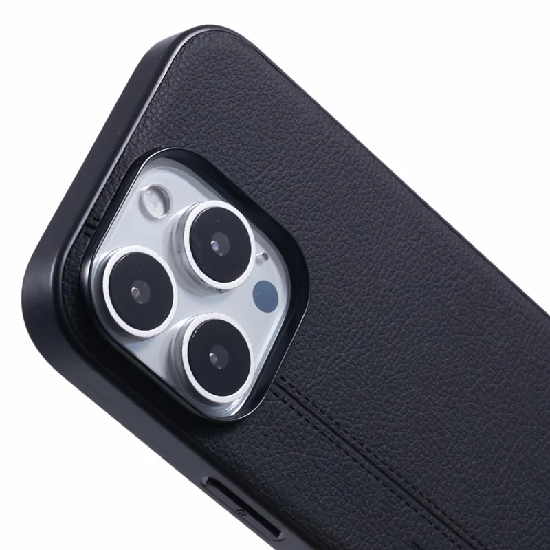 KIGC For iPhone 15 Pro Case Litchi Texture Leather Coated PC+TPU Phone Cover - Black