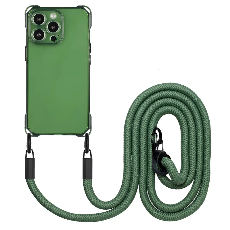 For iPhone 16 Pro TPU Case Four Corner Drop-Proof Back Cover with Long Strap - Army Green