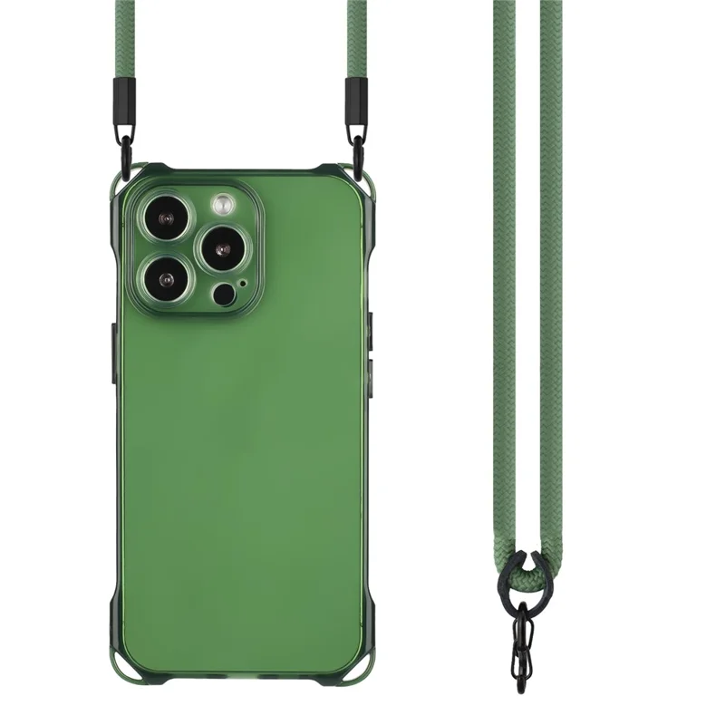 For iPhone 16 Pro TPU Case Four Corner Drop-Proof Back Cover with Long Strap - Army Green