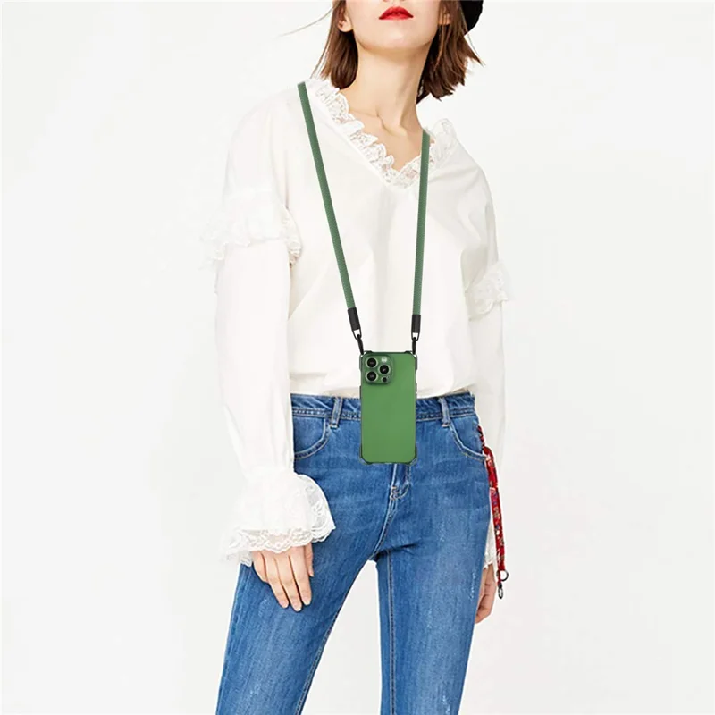 For iPhone 16 Pro TPU Case Four Corner Drop-Proof Back Cover with Long Strap - Army Green