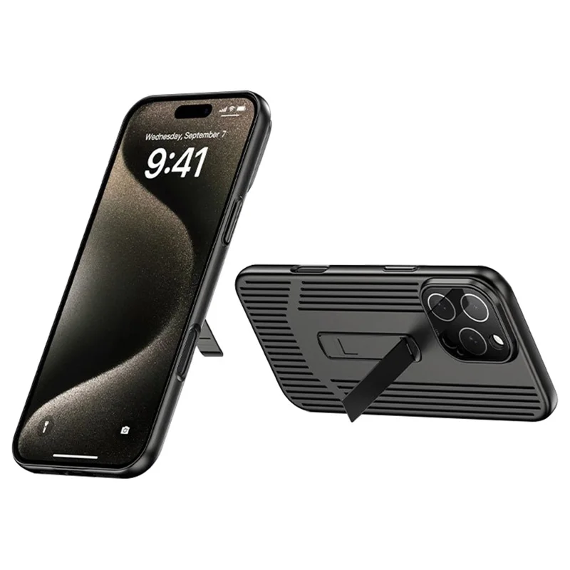 Для Iphone 16 Pro Max Case Heat Dissipation Kickstand Pcone Cope Cope Cope Встроенная Пленка Стеклянной Линзы - Черный