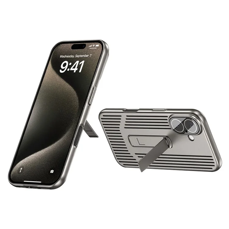 For iPhone 16 Case Heat Dissipation Kickstand PC Phone Cover Built-In Glass Lens Film - Titanium Grey