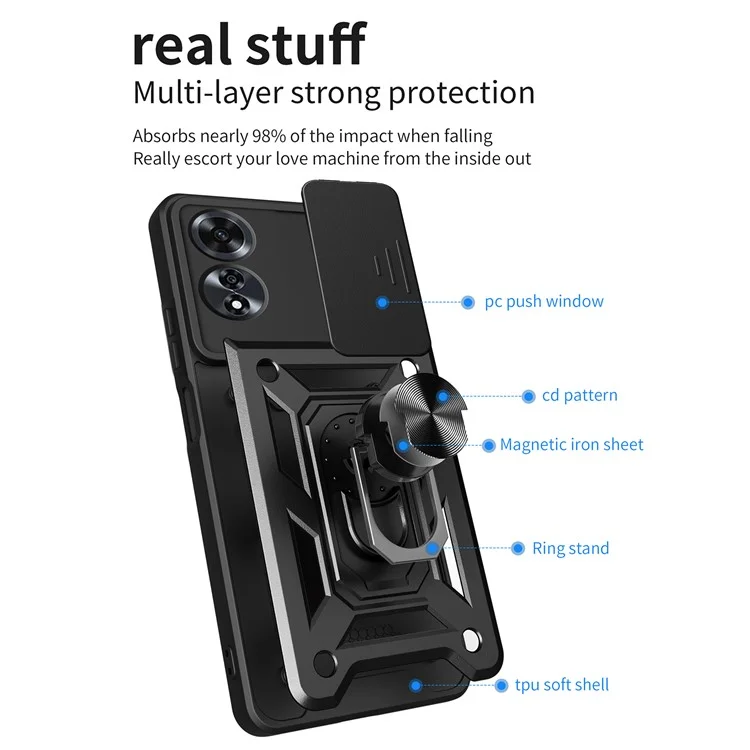 Pour Oppo A60 4G Étui avec couvercle coulissant pour caméra PC+TPU Support de téléphone Housse - Noir