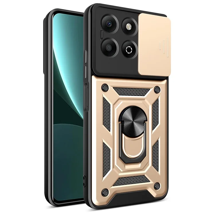 For Honor X6b 4G Case with Slide Camera Lid PC+TPU Kickstand Phone Cover - Gold