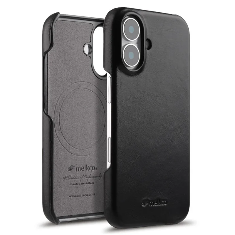 MELKCO Für iPhone 16 Hülle Kompatibel mit MagSafe Wachsige Echt Leder PC Handyhülle - Schwarz