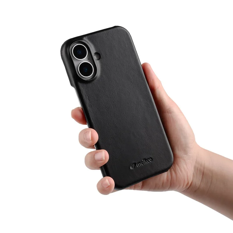 MELKCO Für iPhone 16 Hülle Kompatibel mit MagSafe Wachsige Echt Leder PC Handyhülle - Schwarz