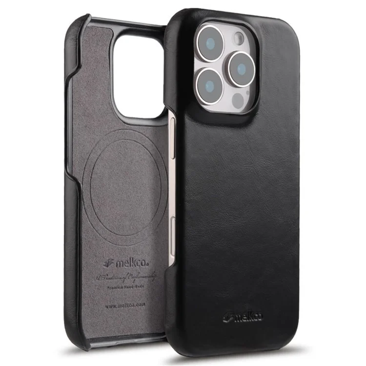 MELKCO For iPhone 16 Pro Max Case Compatible with MagSafe Waxy Genuine Cow Leather PC Phone Back Cover - Black