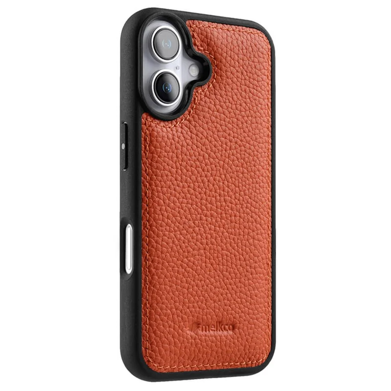 MELKCO For iPhone 16 Case Genuine Cow Leather Coated PC Phone Cover - Orange