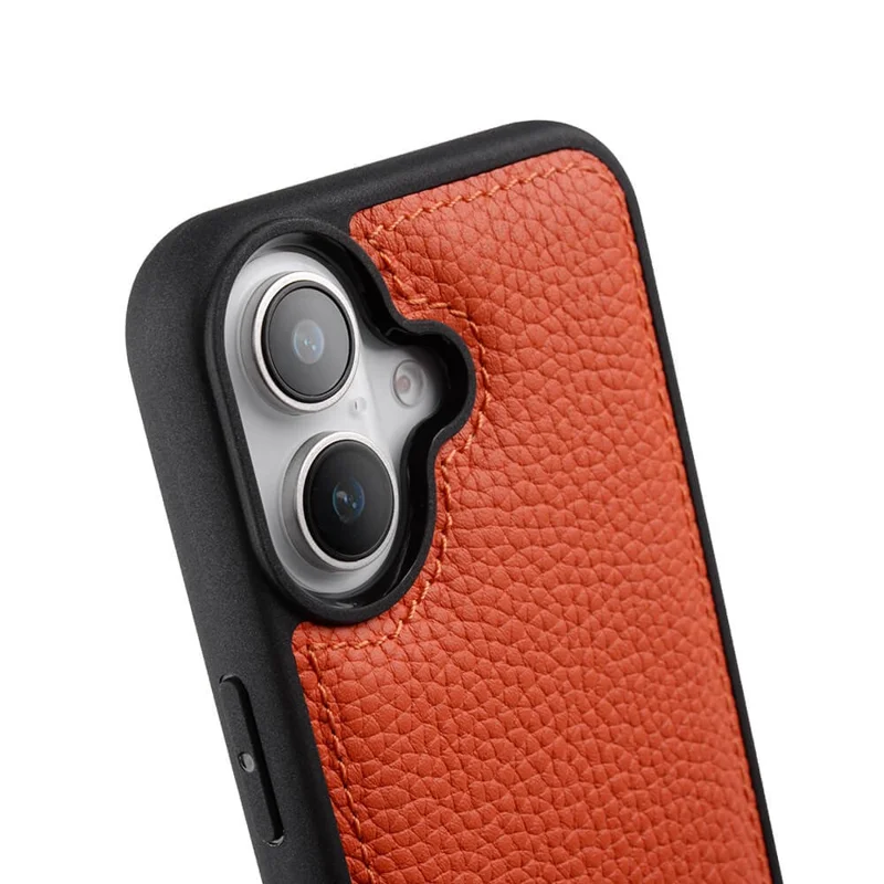 MELKCO For iPhone 16 Case Genuine Cow Leather Coated PC Phone Cover - Orange