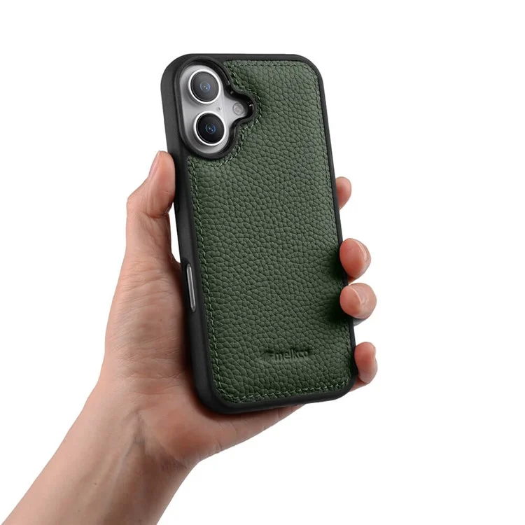 MELKCO Per iPhone 16 Case Genuina Pelle di Mucca Rivestita in PC Custodia per Telefono - Verde