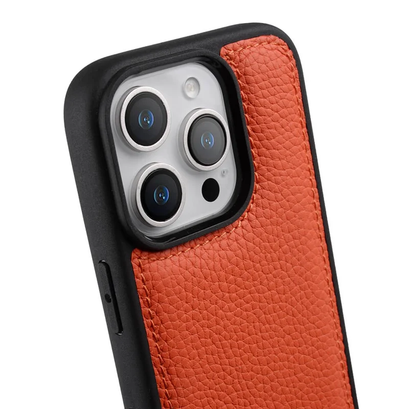 MELKCO Para iPhone 16 Pro Case Genuine Cow Leather Coated PC Phone Cover - Orange