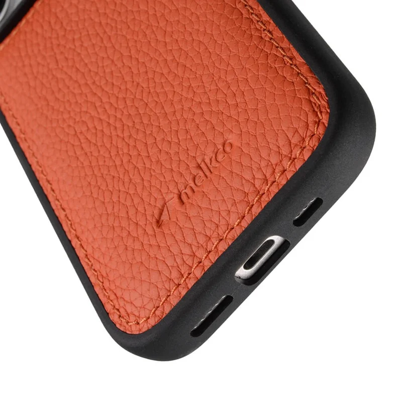 MELKCO Para iPhone 16 Pro Case Genuine Cow Leather Coated PC Phone Cover - Orange