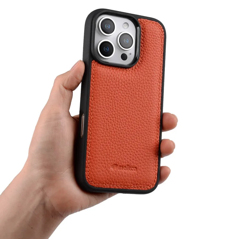 MELKCO Para iPhone 16 Pro Case Genuine Cow Leather Coated PC Phone Cover - Orange