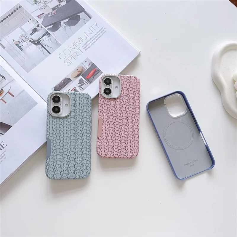 Für iPhone 16 Plus Case kompatibel mit MagSafe Anti-Drop PU+TPU Handyhülle mit geometrischem Muster - Blau