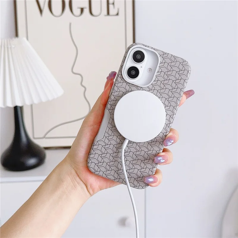 Para Iphone 16 Case Compatível Com Magsafe Anti-Drop PU+TPU Topa Capa Padrão Geometric - Azul