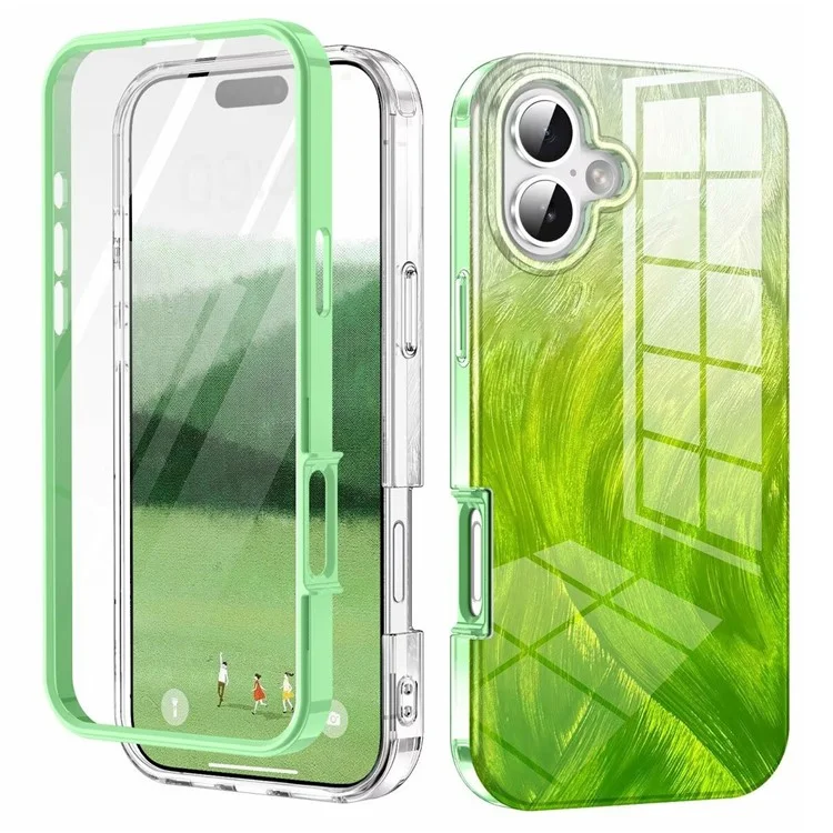 Für Das Iphone 16 Plus Case Gradient Federmuster PC+TPU Phone Cover Integriert Pet-screenfilm - Grün