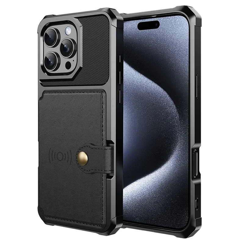 ZM03 For iPhone 16 Pro Max Case mit Kartenfach PU-Leder+TPU Handyhülle - Schwarz