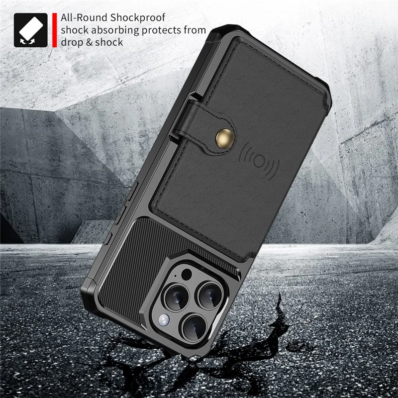 ZM03 For iPhone 16 Pro Max Case mit Kartenfach PU-Leder+TPU Handyhülle - Schwarz