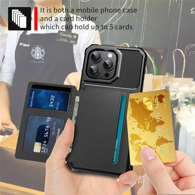 ZM03 For iPhone 16 Pro Max Case mit Kartenfach PU-Leder+TPU Handyhülle - Schwarz