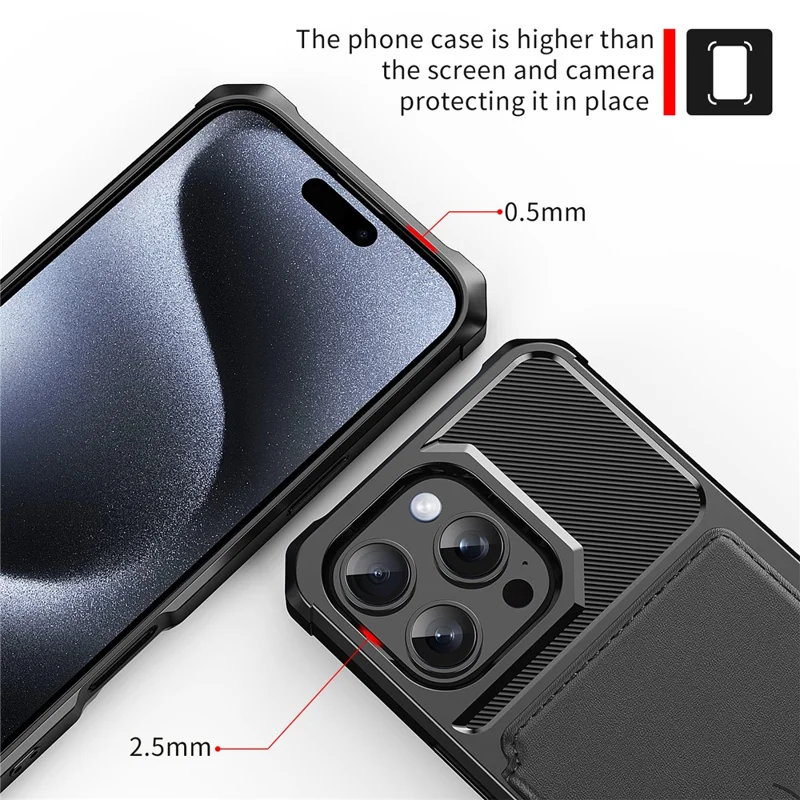 ZM03 For iPhone 16 Pro Max Case mit Kartenfach PU-Leder+TPU Handyhülle - Schwarz