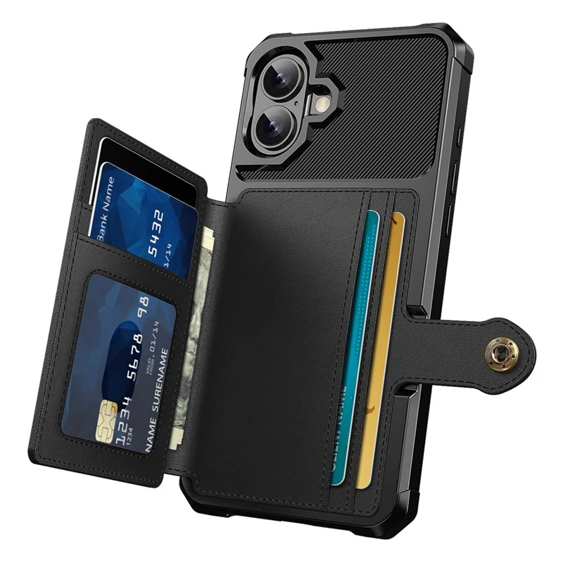 ZM03 For iPhone 16 Case with Card Holder PU Leather+TPU Phone Back Cover - Black