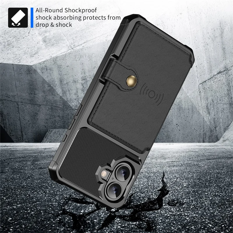 ZM03 For iPhone 16 Case with Card Holder PU Leather+TPU Phone Back Cover - Black