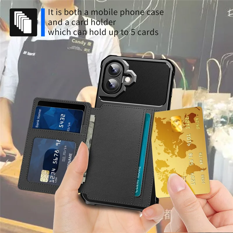 ZM03 For iPhone 16 Case with Card Holder PU Leather+TPU Phone Back Cover - Black