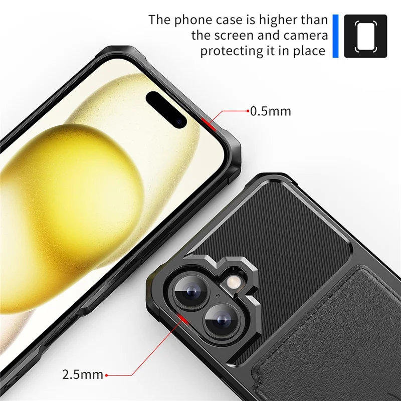 ZM03 For iPhone 16 Case with Card Holder PU Leather+TPU Phone Back Cover - Black