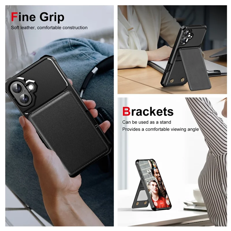 Zm11 Für Iphone 16 Plus Case Card Slot Kickstand PU+TPU -telefonabdeckung - Schwarz