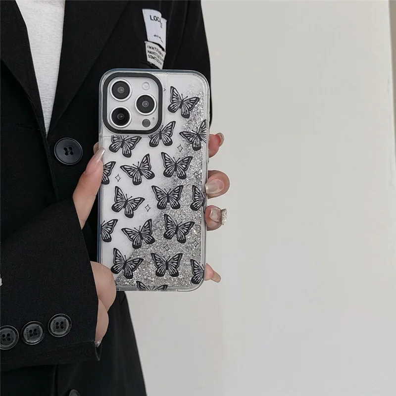 For iPhone 15 Pro Max Case Pattern Print Glitter Sequins Quicksand PC+TPU Phone Cover - Butterfly